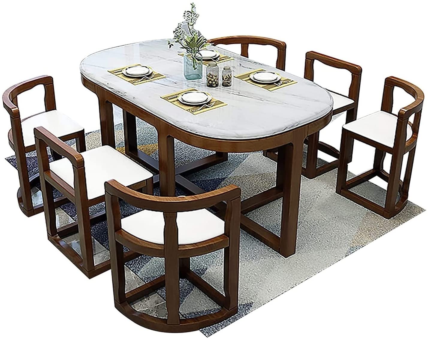 【Furniture】Dining Table Set Dining Table, Modern Minimalist Marble Dining Table and Chair Set 7 Piece Kitchen Set Furniture Table + 6 Chairs
