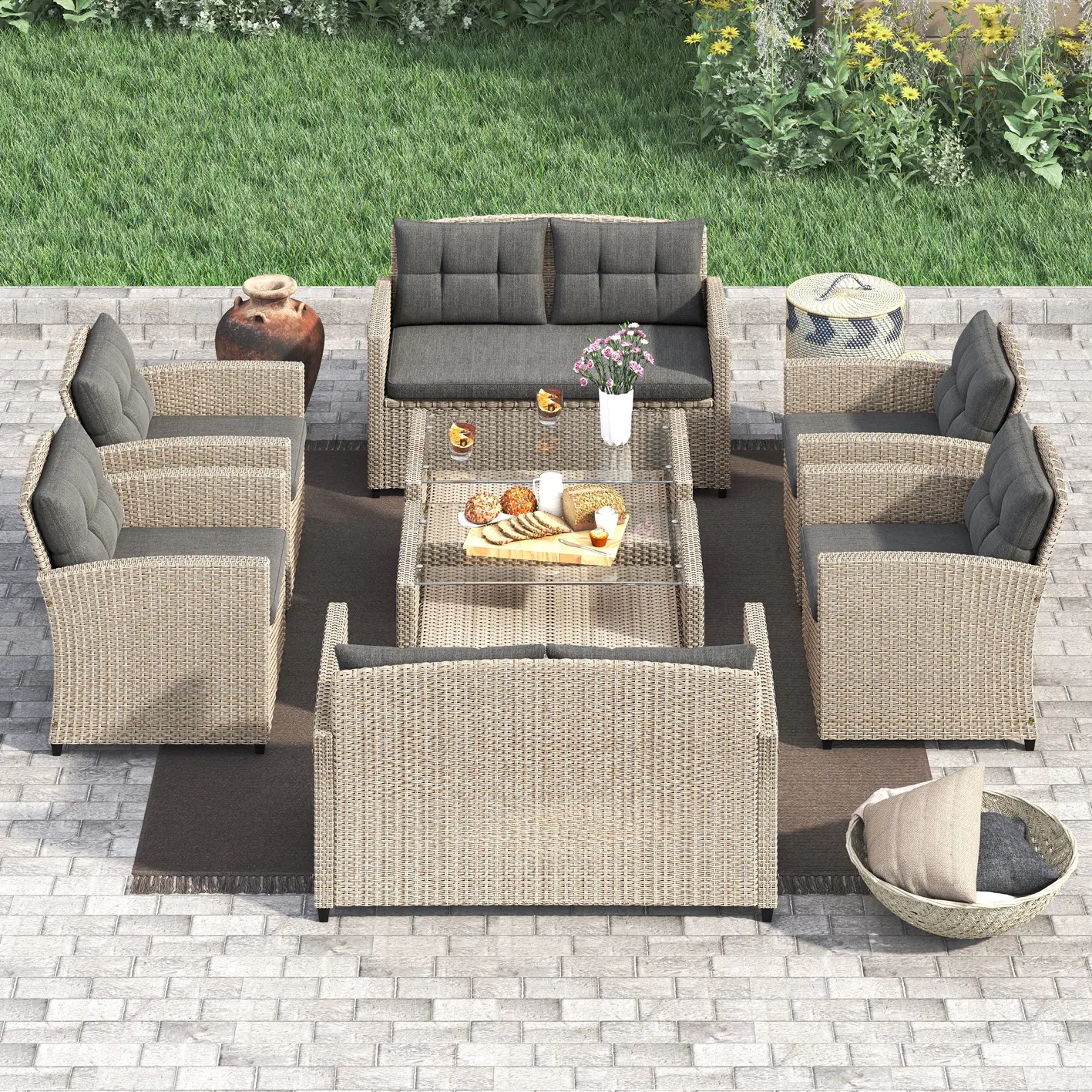 【Furniture】Corvus Armitage 8-piece Outdoor Wicker Sofa Set with Cushions - Light Grey