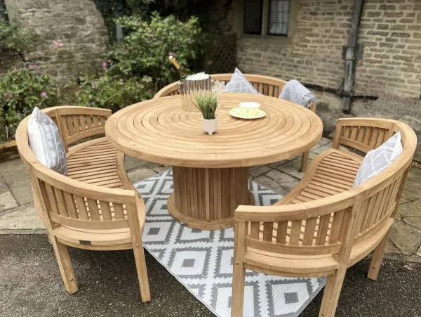 Teak Garden Furniture Round Table 150cm with 3 Bowood Benches