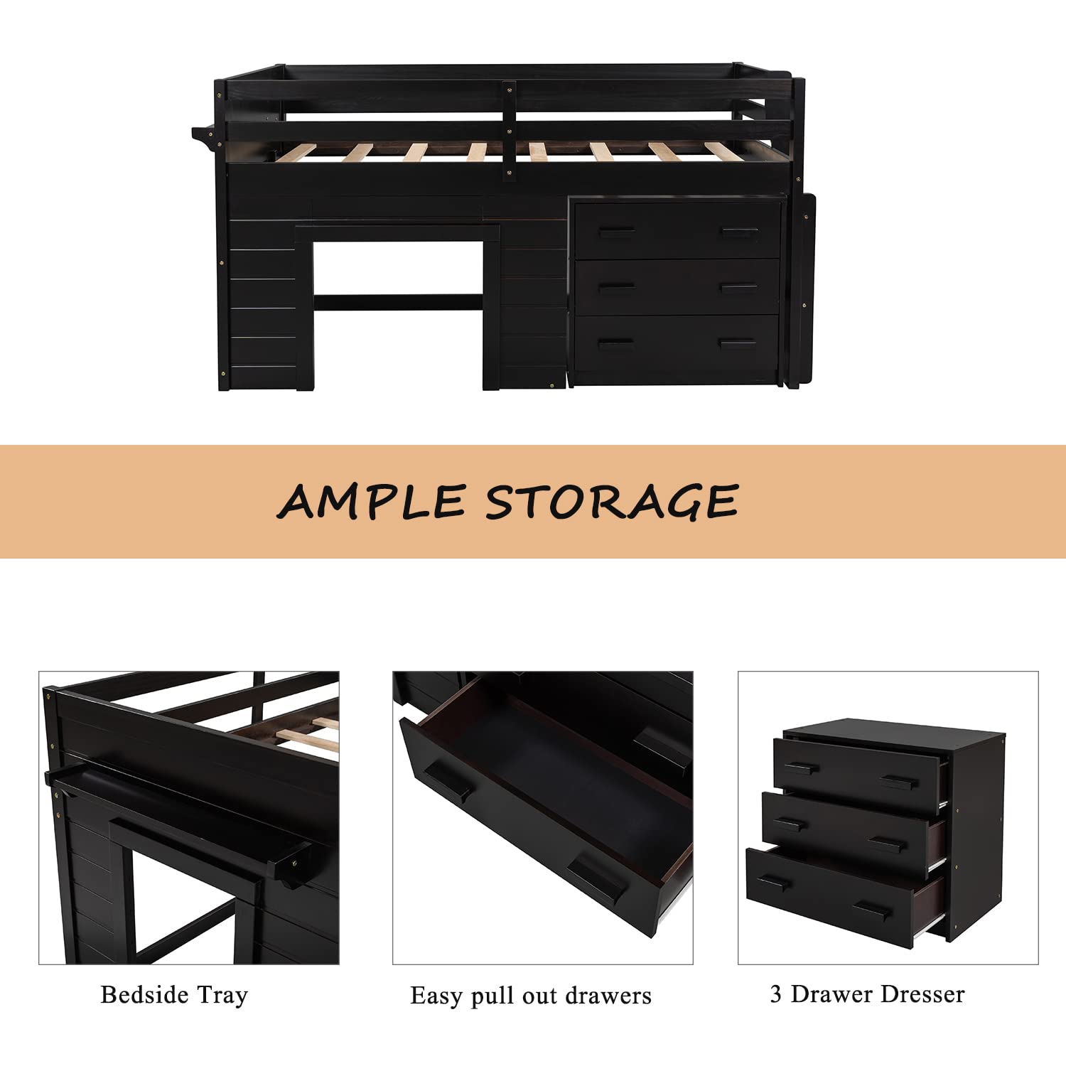 【Furniture】Bellemave Low Loft Beds with 3 Drawers Twin Loft Bed Frame with Cabinet & Bedside Tray Wood Farmhouse Loft Bed
