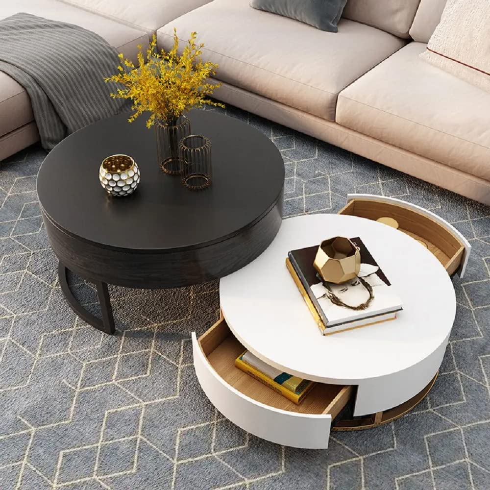 【Furniture】Round Coffee Table White with Storage Lift-Top Wood Coffee Table Lifts up with Rotatable Drawers