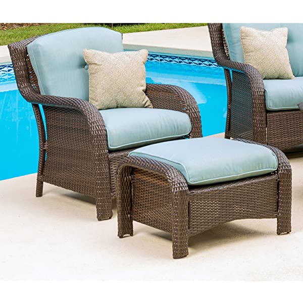 Hanover Strathmere 6-Piece Outdoor Patio Conversation Set, 2 Side Chairs with Ottomans, Loveseat and Tempered Glass Coffee Table, with Hand-Woven Wicker and Thick Cilantro Green Cushions, STRATHMERE6PC