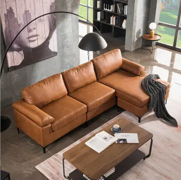 Ovios Mid-Century Top-Grain SUEDE Leather Chaise Sofa With Cushions Metal Legs