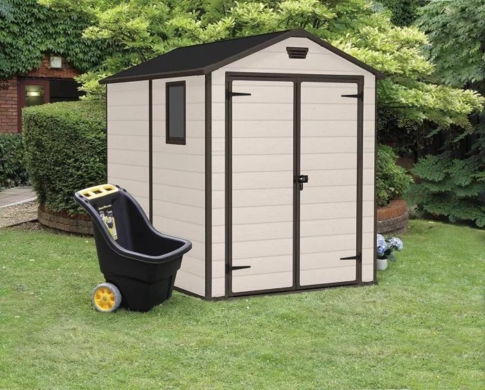 6x8 ft Keter Manor Outdoor Garden Storage Shed, Beige.