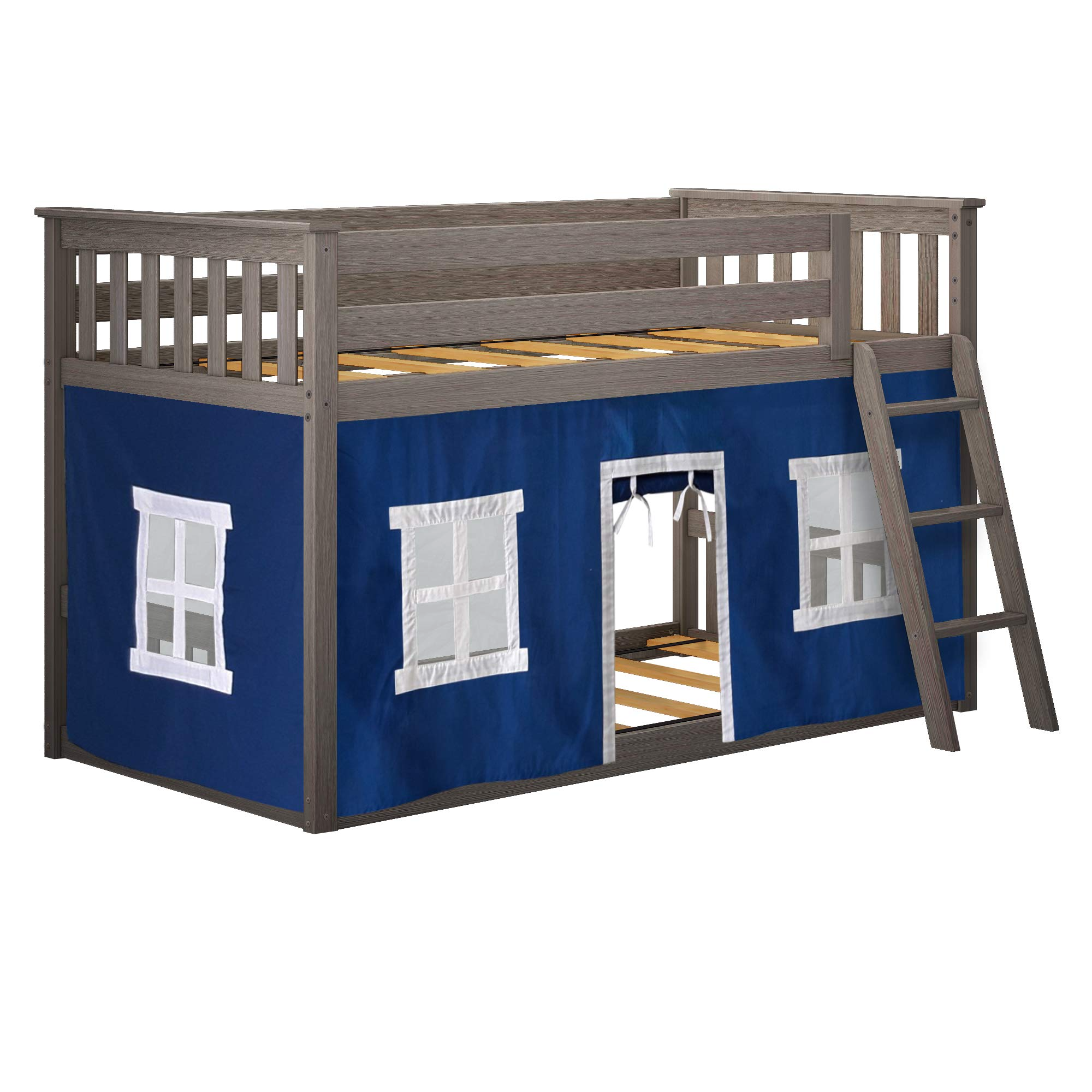 【Furniture】【BS】Low Bunk Bed, Twin-Over-Twin Bed Frame for Kids with Curtains for Bottom, Clay/Blue