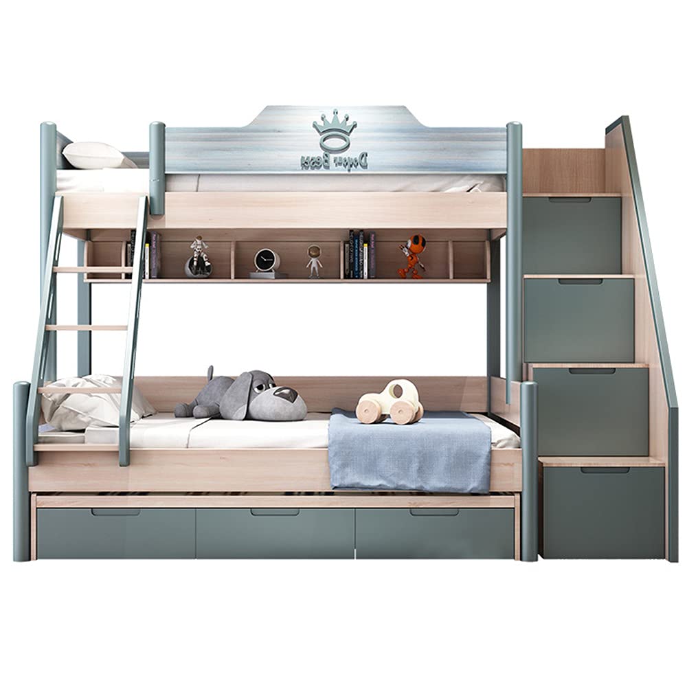 【Furniture】Double Full Bunk Bed Wooden Loft Bed, with Theater, Farmhouse, Ladder, Locker & Guardrail