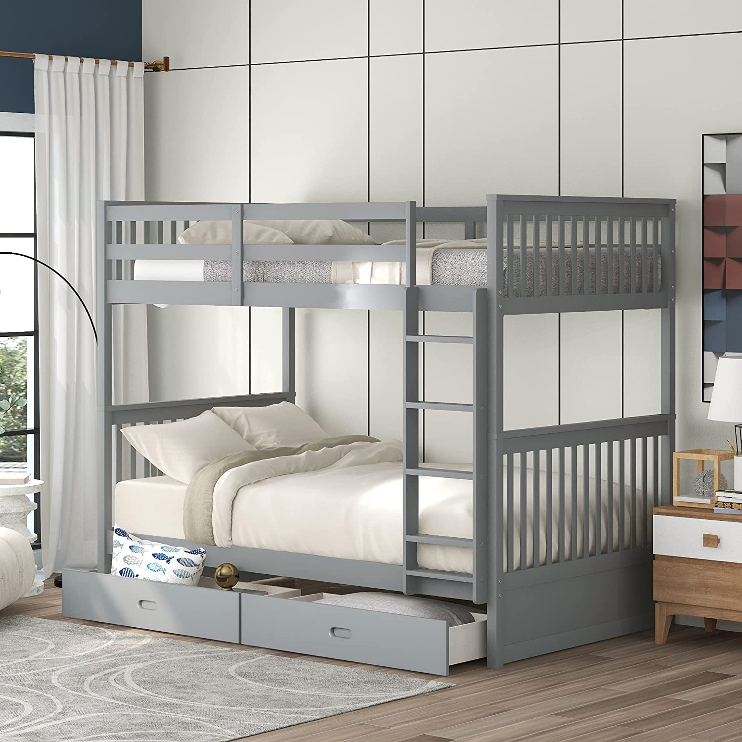 【Furniture】Solid Wood Bunk Bed Frames No Box Spring Needed with Saftey Guard Rails & Storage Drawers