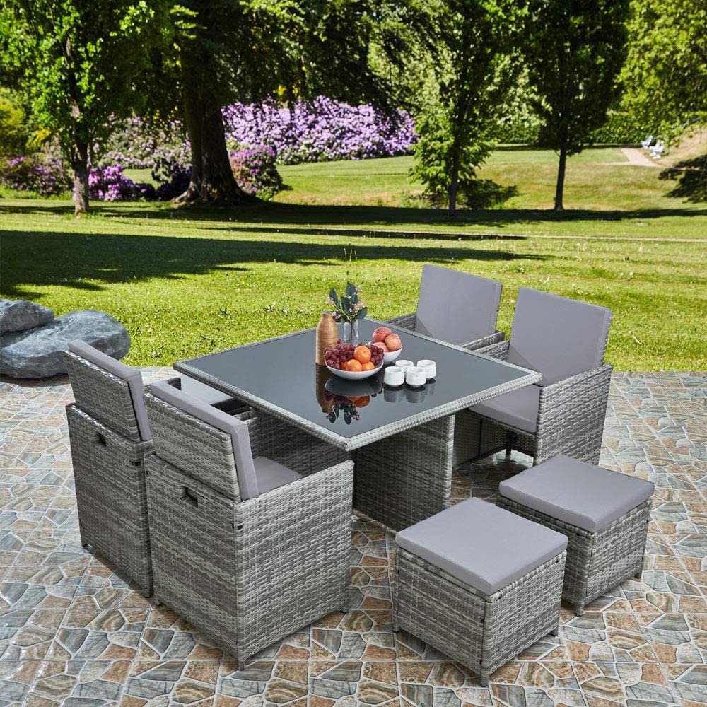 RayGar Deluxe 9 Piece 8 Seater Rattan Cube Dining Table Garden Furniture Patio Set (Grey/Grey)
