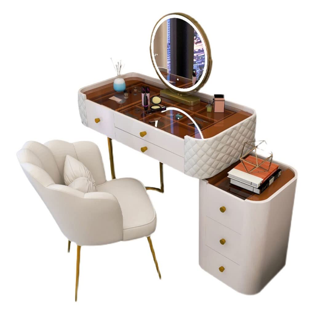 【Furniture】Bedroom Table Dresser Modern Glass Vanity Table with Storage Cabinet, Stool, Mirror