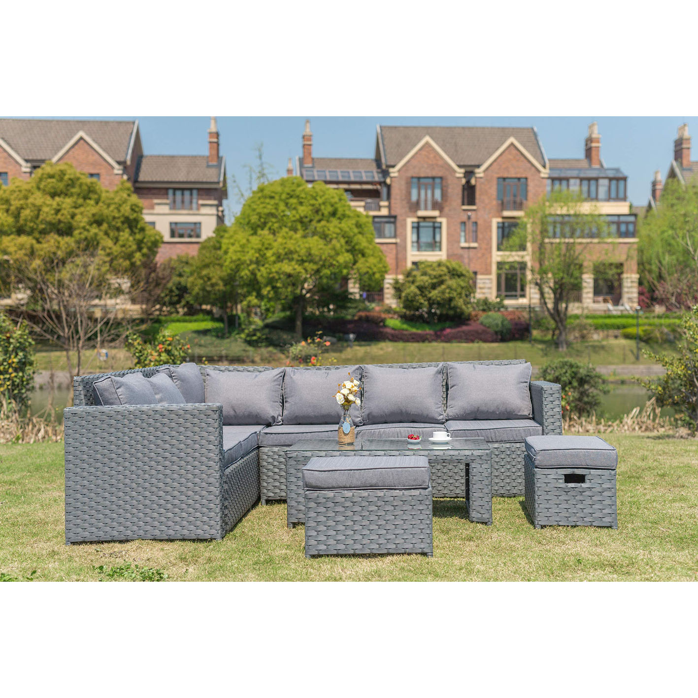 YAKOE 50110 New Conservatory Modular 8 Seater Rattan Corner Sofa Set - Grey
