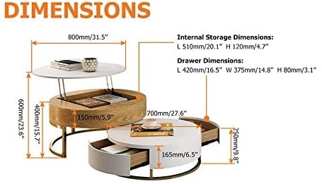 【Furniture】Round Coffee Table White with Storage Lift-Top Wood Coffee Table Lifts up with Rotatable Drawers