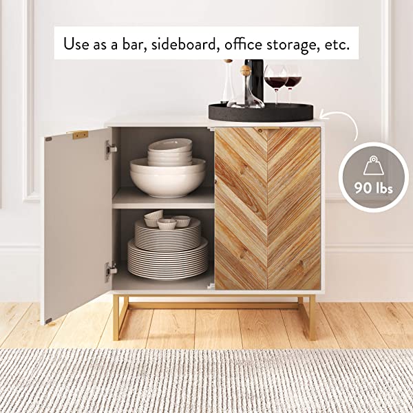 Nathan James Enloe Modern Storage, Free Standing Accent Cabinet with Doors in a Rustic Fir Wood Finish Powder-coated Metal Base for Hallway, Entryway or Living Room, White/Gold