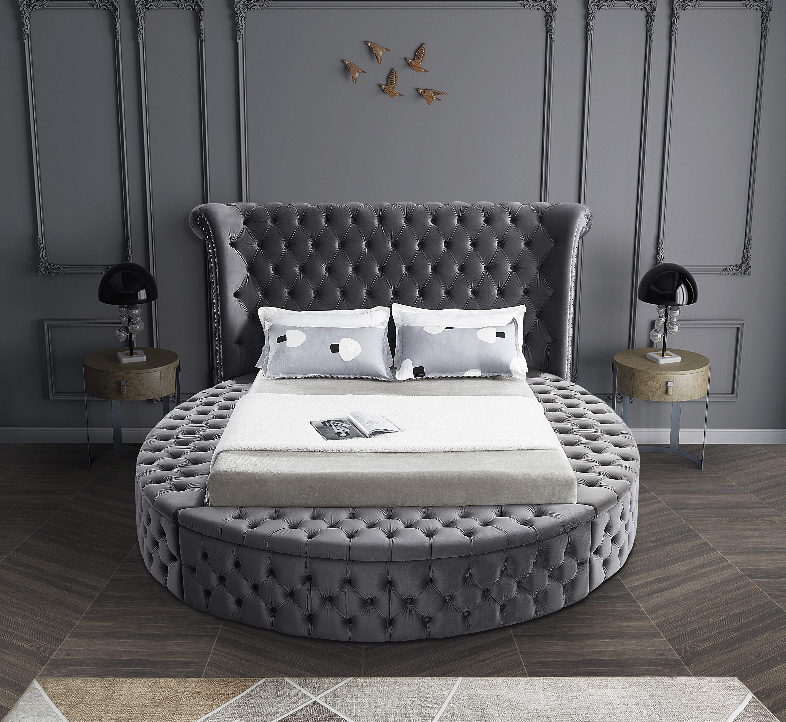 【Furniture】Contemporary Round Shaped Velvet Upholstered Bed with Deep Button Tufting & Footboard Storage, King