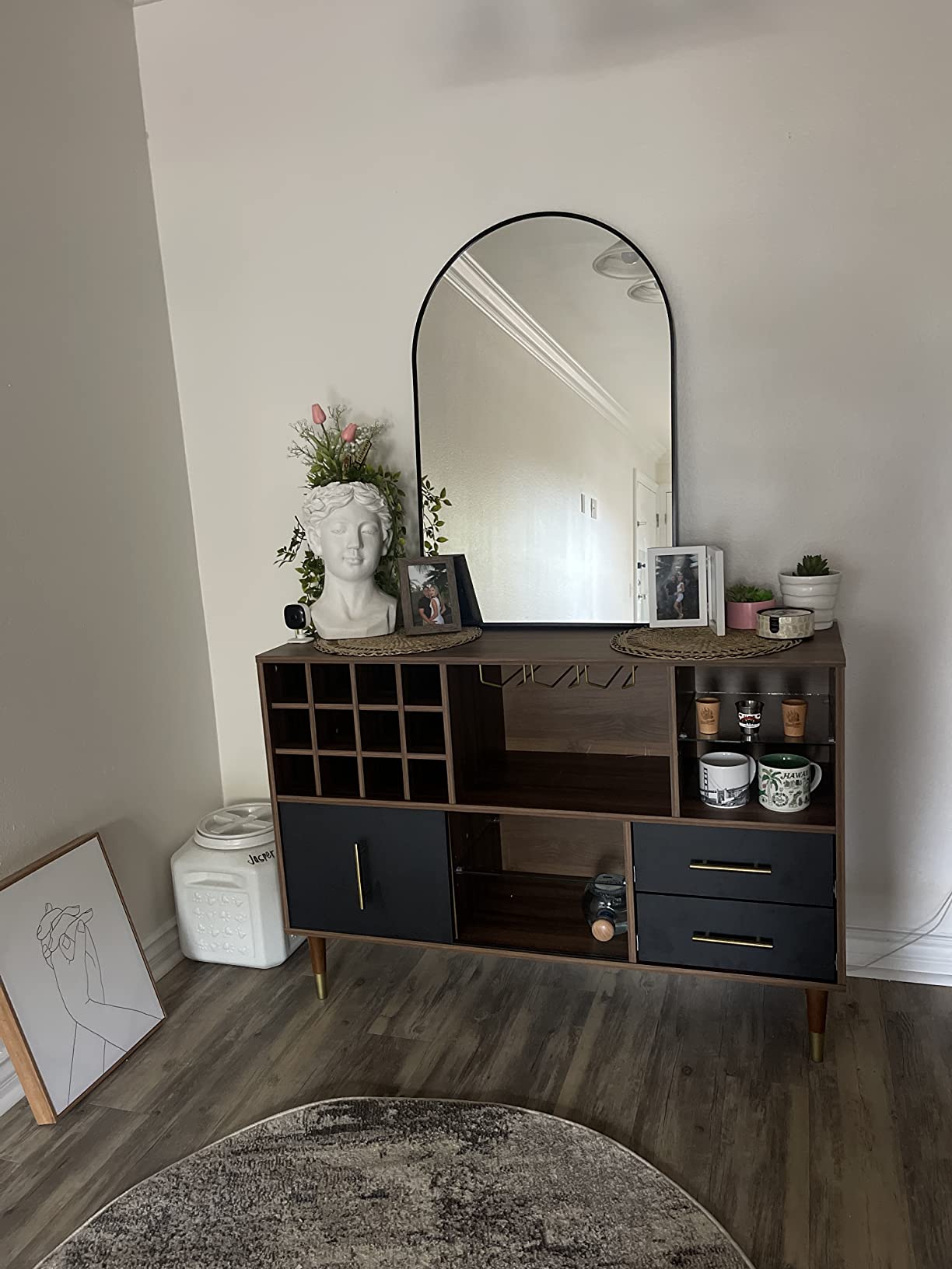 【Furniture】Accent Kitchen Buffet Sideboard with Storage, Wood Cabinet Server Cupboard with 12 Wine Bottle Rack