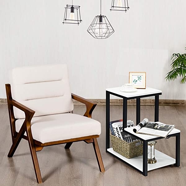 Tangkula 3-Tier Sofa Side Table, Nightstand with Storage Shelf, Sturdy Metal Frame, Ladder-Shaped Chair Side Table, White Tabletop Storage Shelf for Living Room or Bedroom (White)
