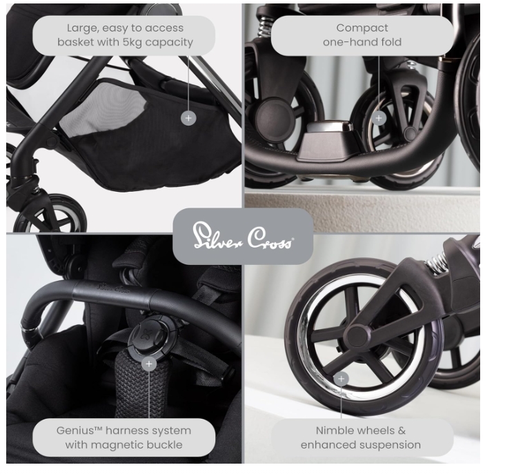 Silver Cross Dune with Compact Folding Carrycot and ashion Pack - Space Black.