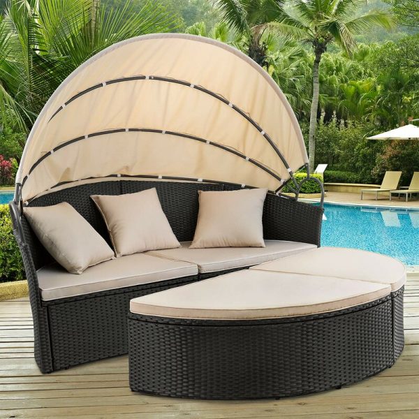 【Furniture】66” Wide Outdoor Wicker Patio Daybed with Cushions