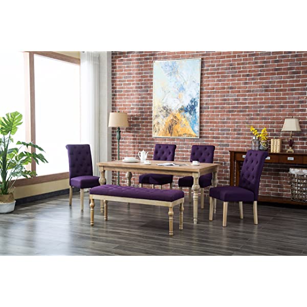 Roundhill Furniture Habitanian 6-Piece White Wash Dining Set with Tufted Chairs and Bench, Beige