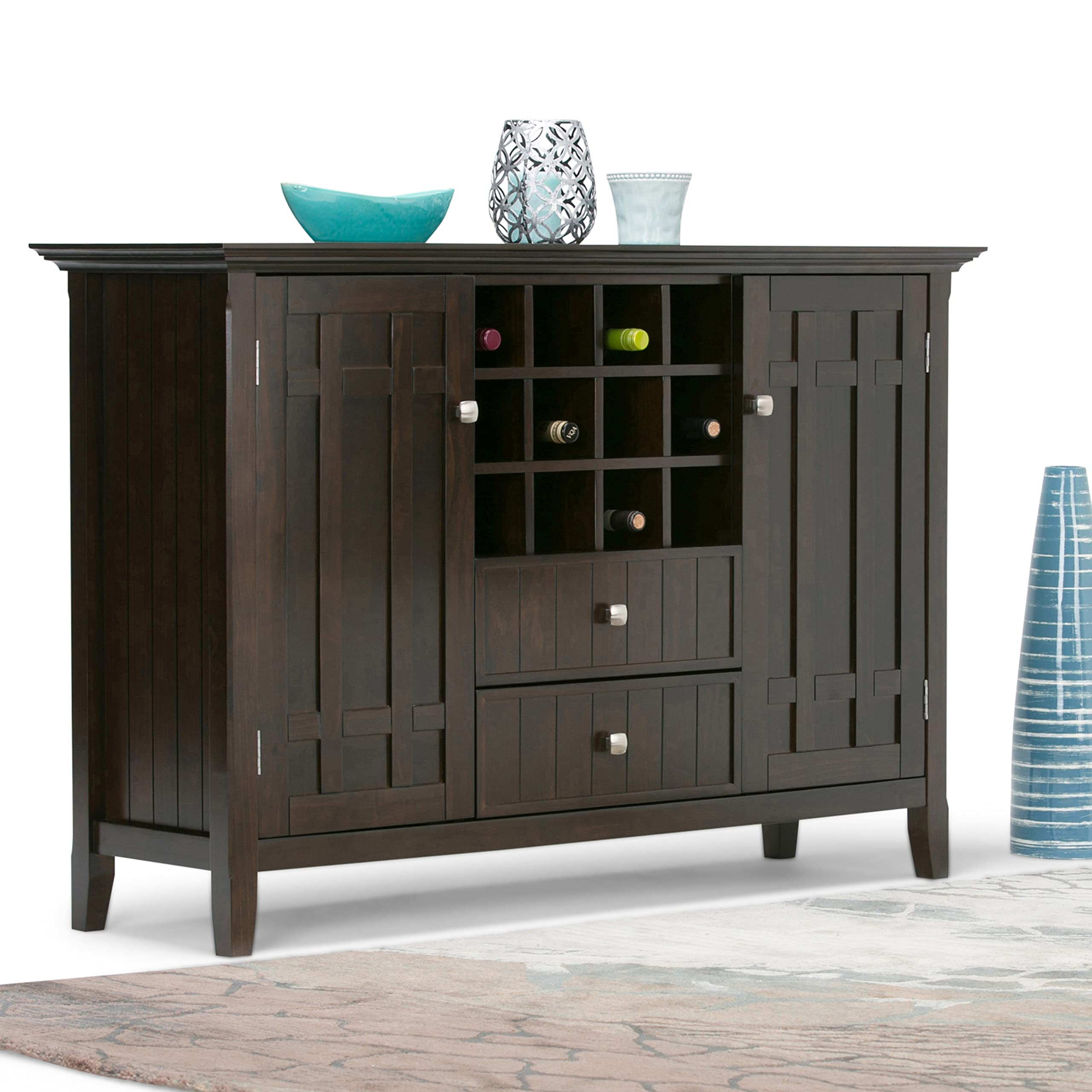 【Furniture】Solid Pine Wood 54 inch Rustic Sideboard Buffet Credenza in Dark Tobacco Brown