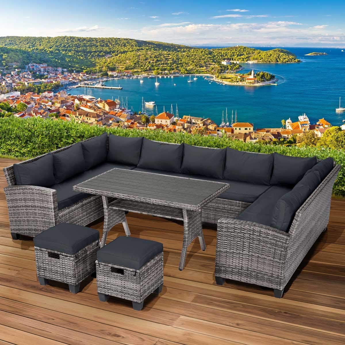 【Furniture】 Brast Poly Rattan Garden Furniture Dining Set Lounge Seating Set for 11 People