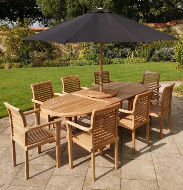 Double extendable table 1.8m to 2.4m, 8 x teak stacking chairs, free 3m parasol and cushions