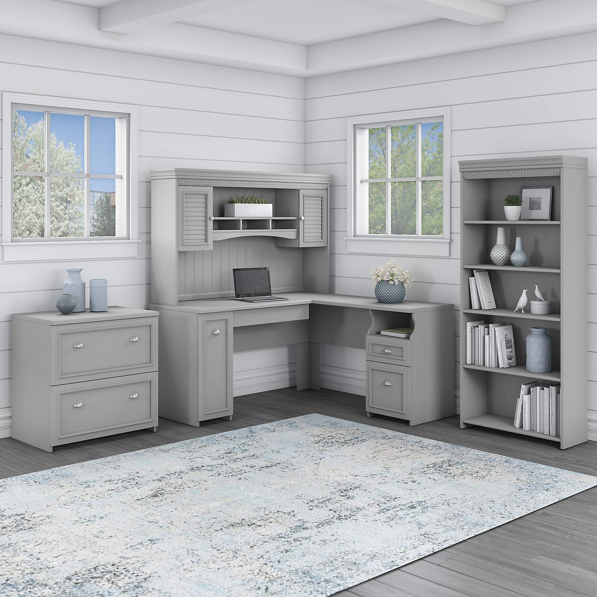 【Furniture】Fairview L Shaped Desk with Hutch, Bookcase and Lateral File Cabinet in Antique White