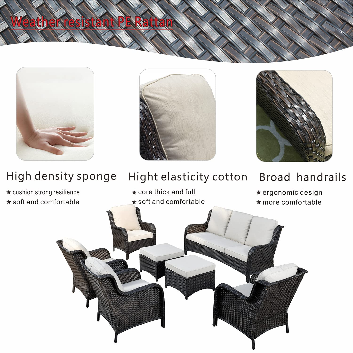 【Furniture】Outdoor Furniture Patio Furniture Set 7 Pcs All Weather Wicker Patio Conversation