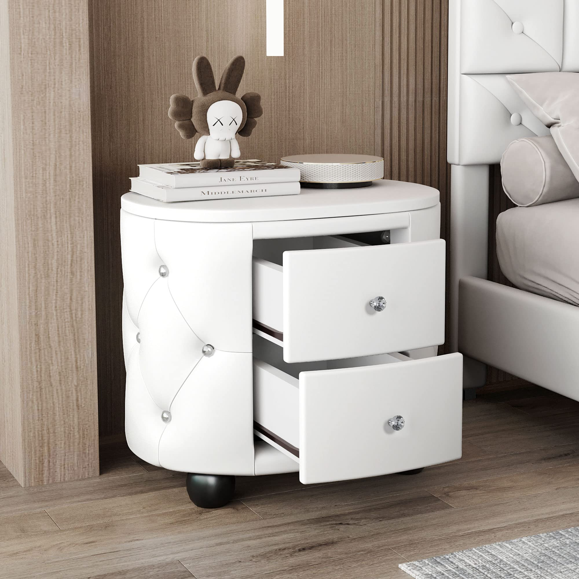 【Furniture】Modern Mid-Century Upholstered Night Stand with 2 Drawers for Bedroom Wood  Bedside End Table