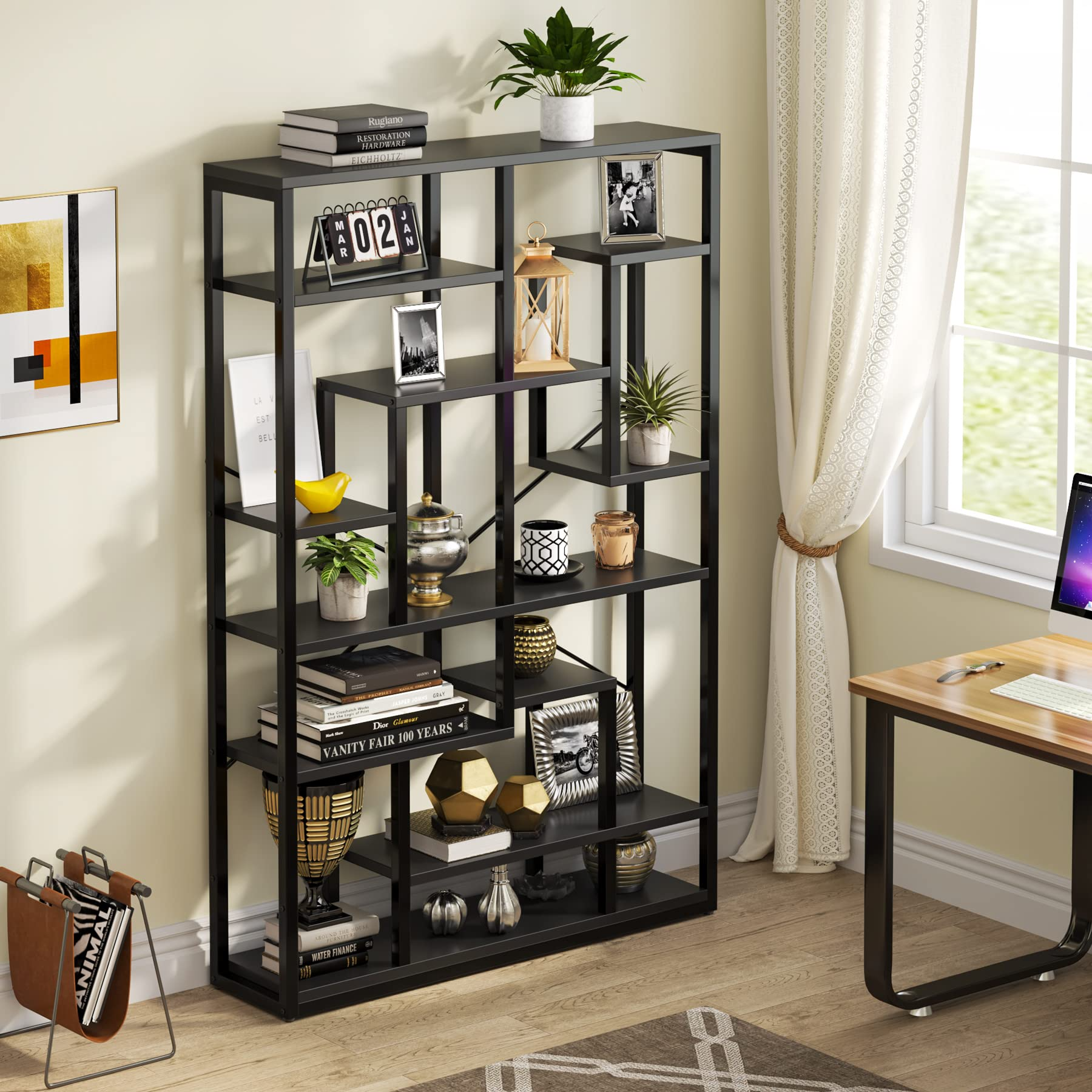 【Furniture】Black Bookshelf 47” Bookcase 9 Tier Tall Book Shelf Rustic Geometric Bookcase Display Shelf Organizer