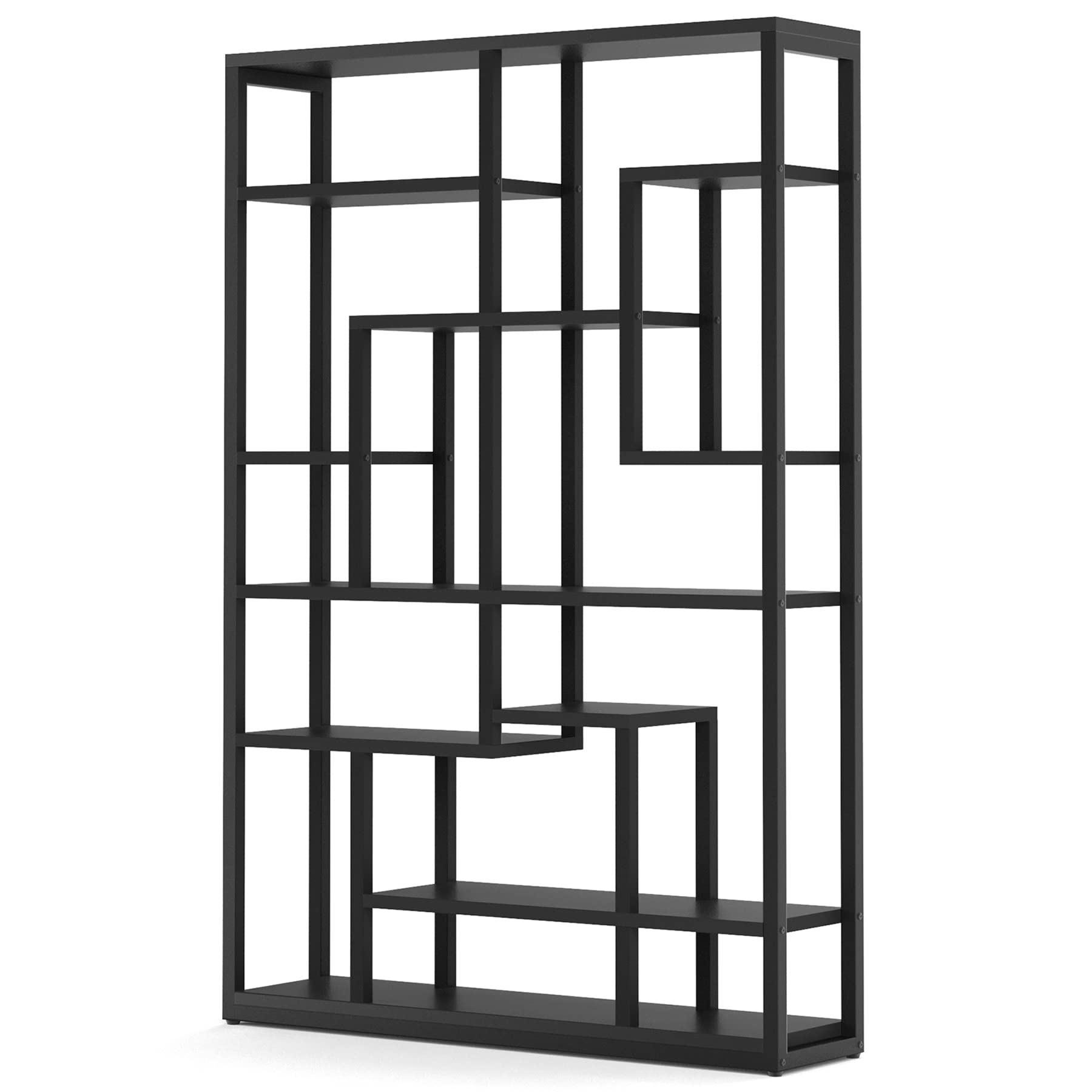 【Furniture】Black Bookshelf 47” Bookcase 9 Tier Tall Book Shelf Rustic Geometric Bookcase Display Shelf Organizer