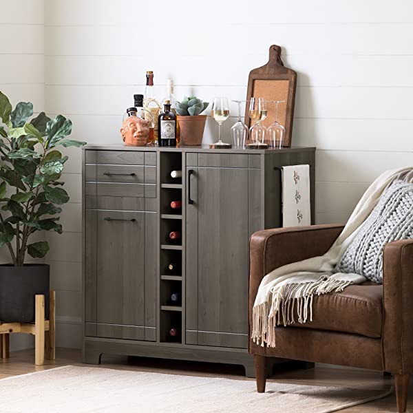 South Shore Bar Cabinet with Bottle and Glass Storage, Black Oak Black Oak Bar Cabinet