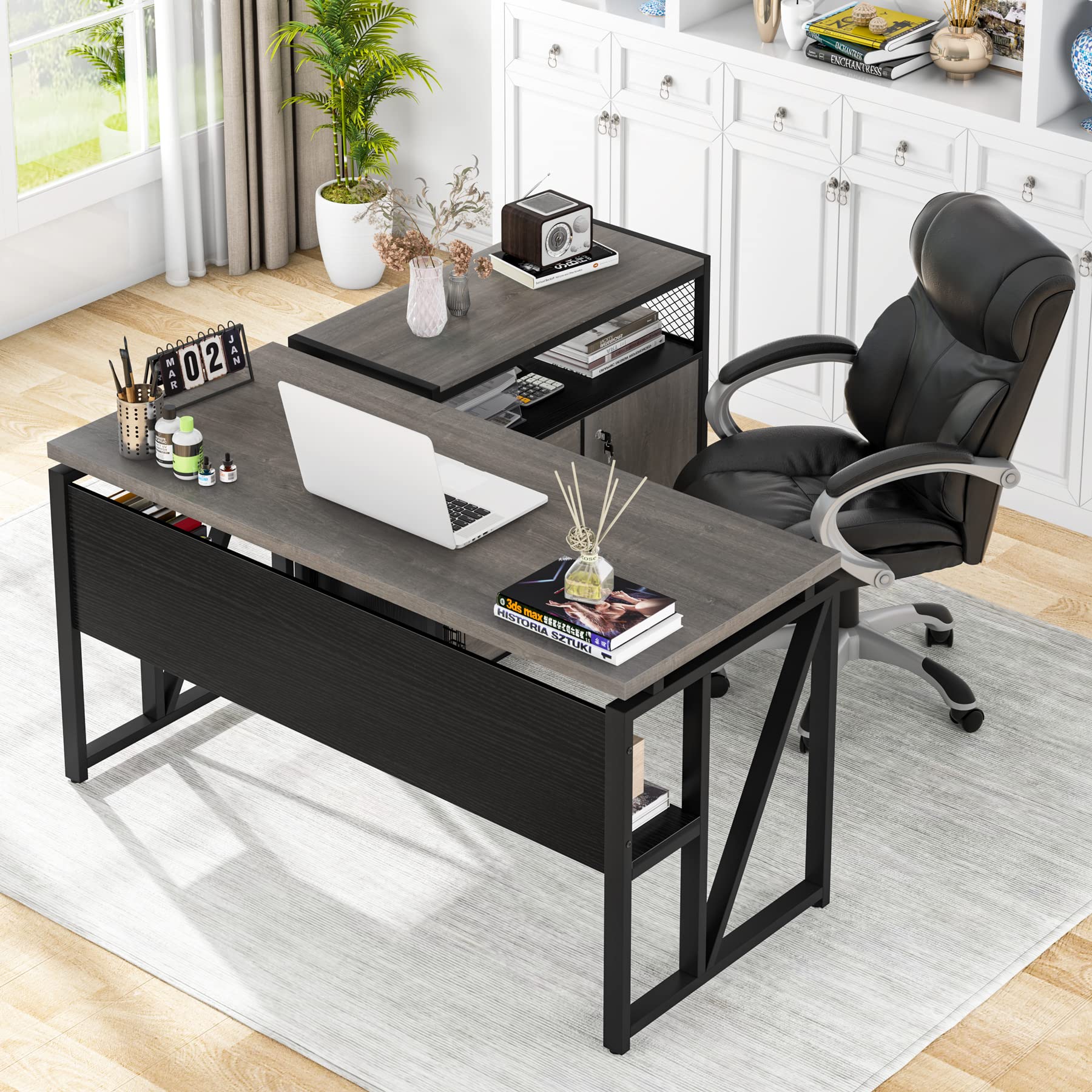 【Furniture】L Shaped Desk with Drawer Cabinet, 55