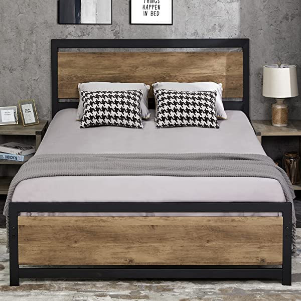Amerlife Queen Size Bed Frame with Wood Headboard - Metal Platform Bed with Industrial Footboard - Heavy Duty Steel Mattress Foundation/ 4 U-Shaped Support Frames/Rustic Country Style/Easy Assembly Queen Dark Brown