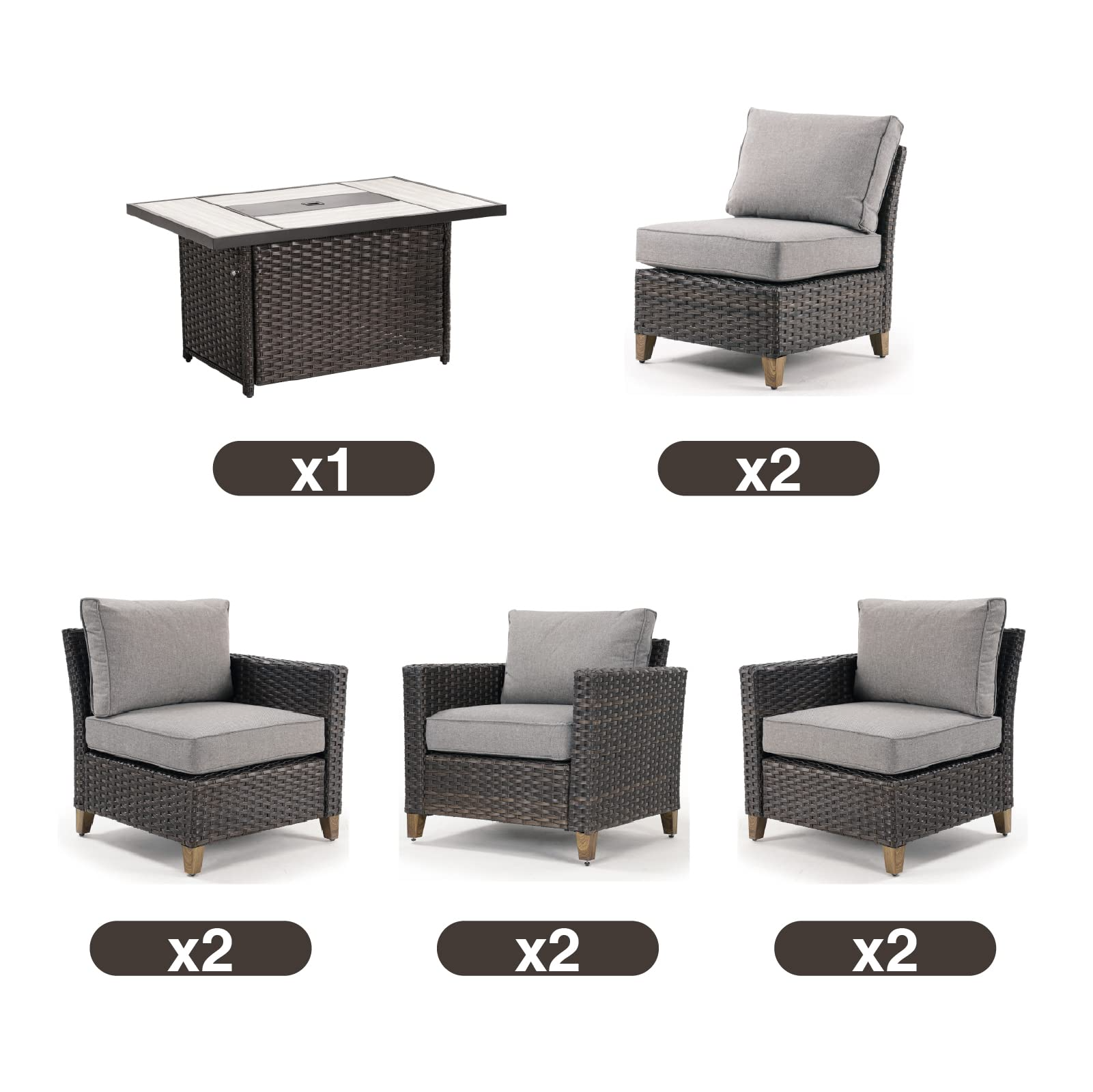 【Home&Garden】Patio Sofa Sets 9 Pcs Conversation Set with Fire Pit Table, PE Rattan Patio Furniture
