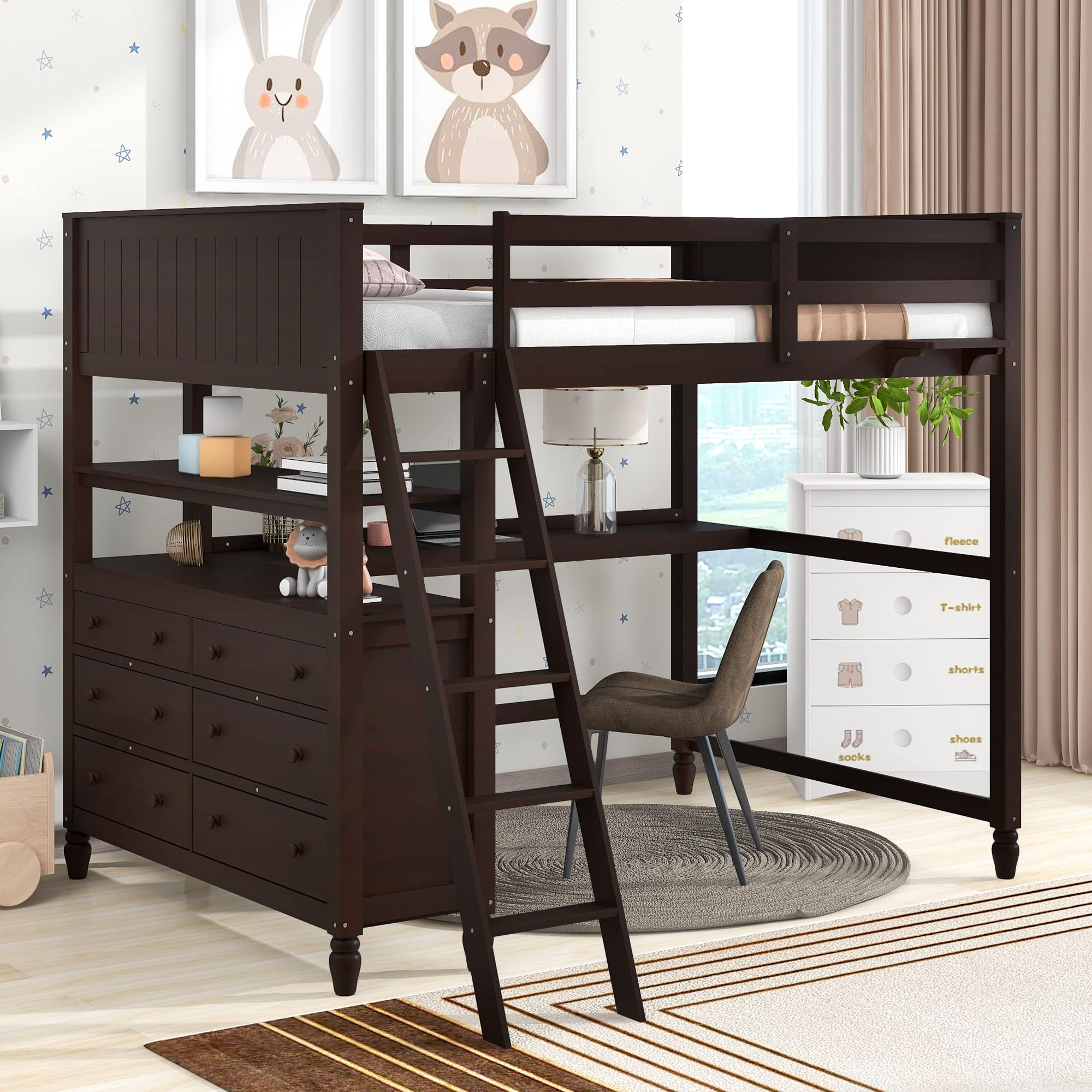 【Furniture】Full Size Loft Bed, Full Loft Bed with Desk, Wood Loft Bed Frame with Drawers & Shelves