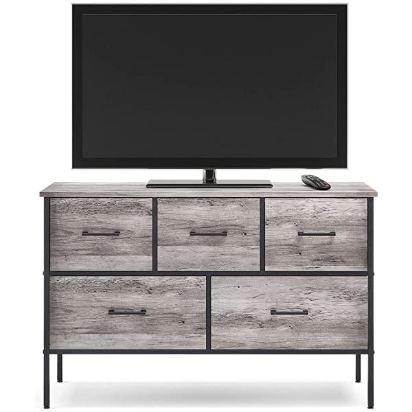 5 Drawer Dresser Long Wide Chest of Drawers Nightstand with Wood Top Rustic Storage Tower Storage Dresser Closet for Living Room, Bedroom, Hallway, Nursery, Kid Weathered Grey