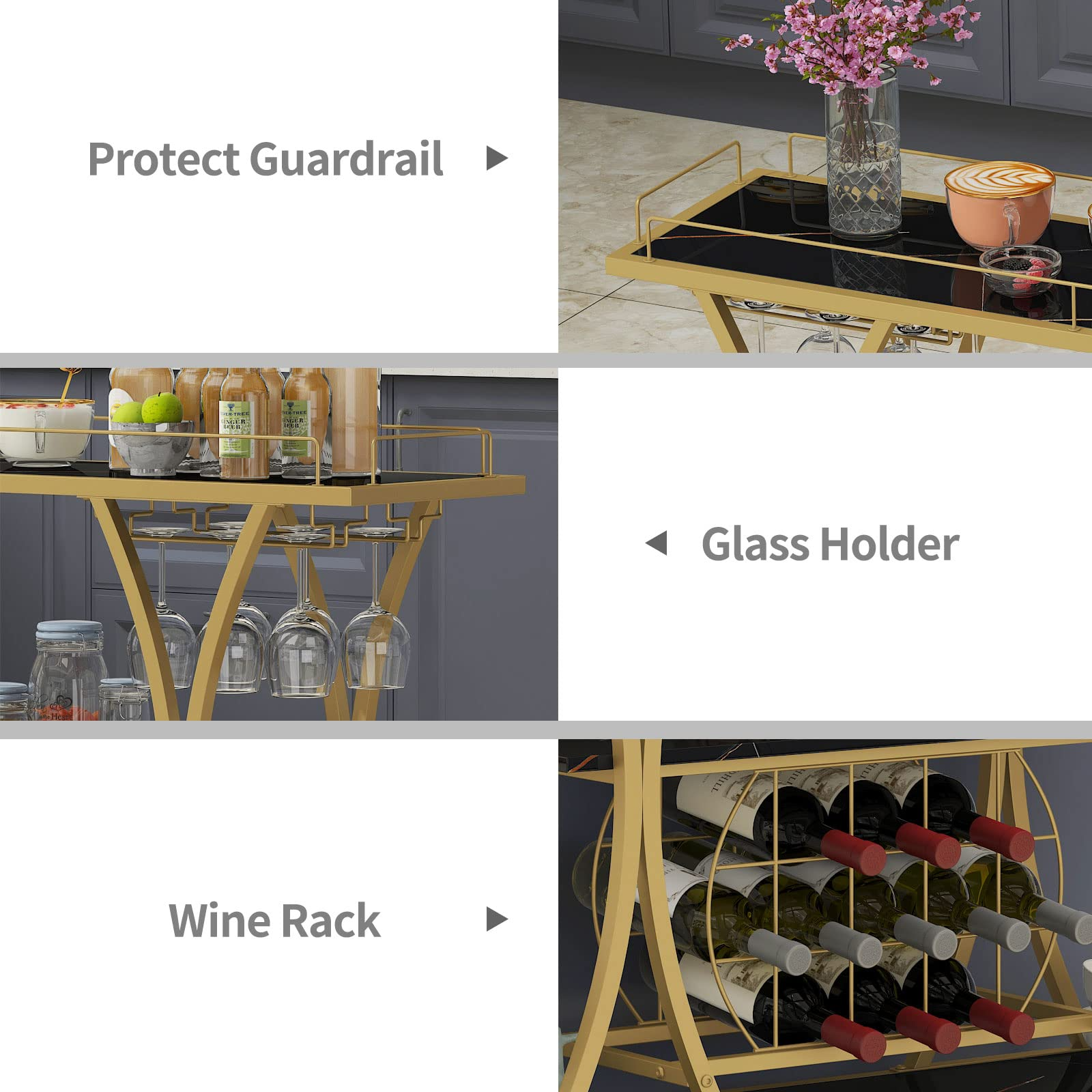 【Furniture】Bar Serving Cart with Glass Holder and Wine Rack, 3-Tier Kitchen Trolley, Mobile Wine Cart for Home