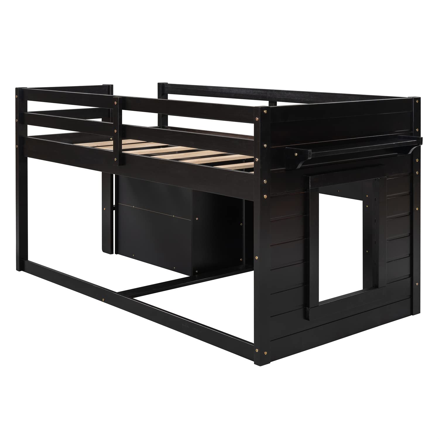 【Furniture】Bellemave Low Loft Beds with 3 Drawers Twin Loft Bed Frame with Cabinet & Bedside Tray Wood Farmhouse Loft Bed
