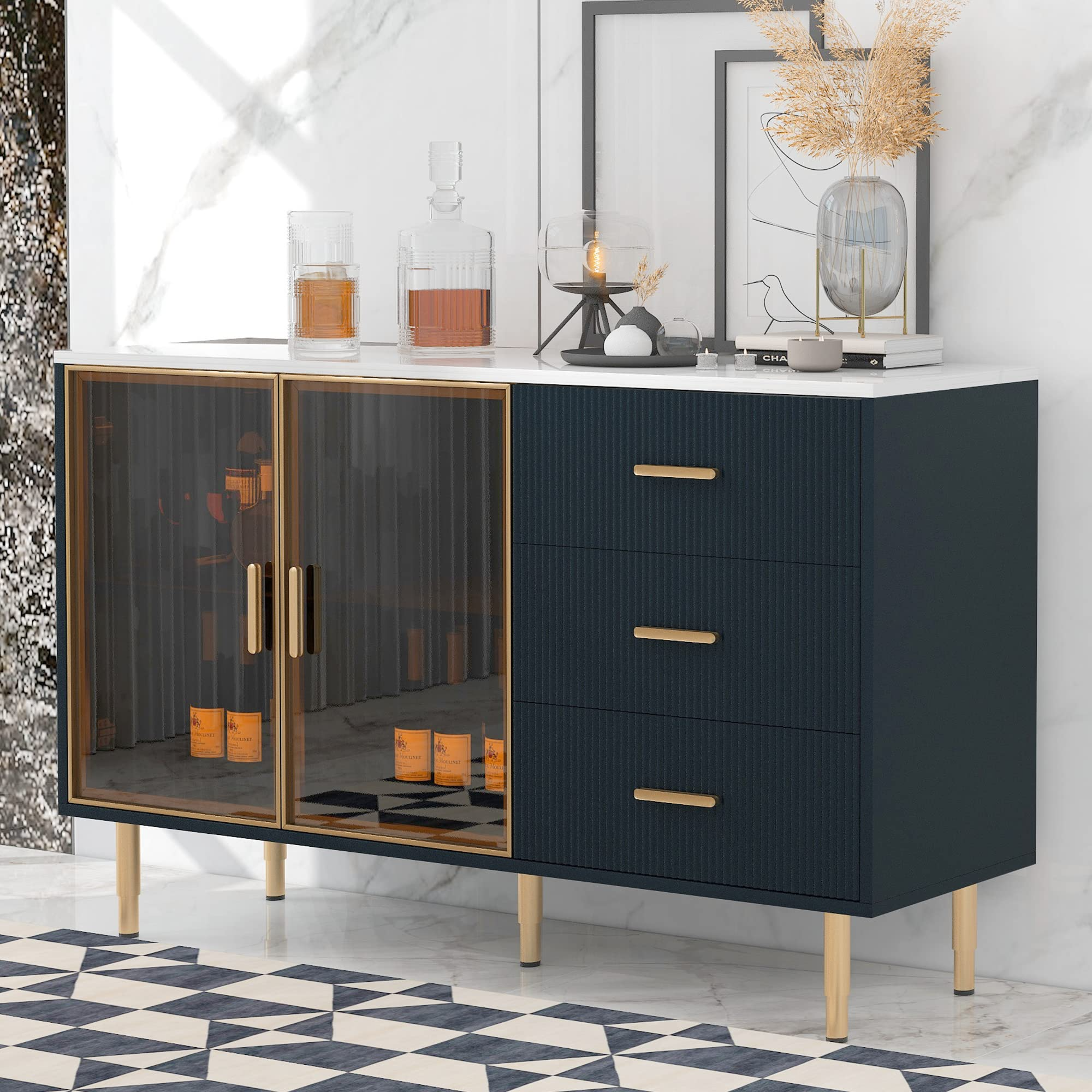 【Furniture】Modern Sideboard Cabinet Accent Buffet Storage Glass Doors Sideboard Cabinet Marble Top