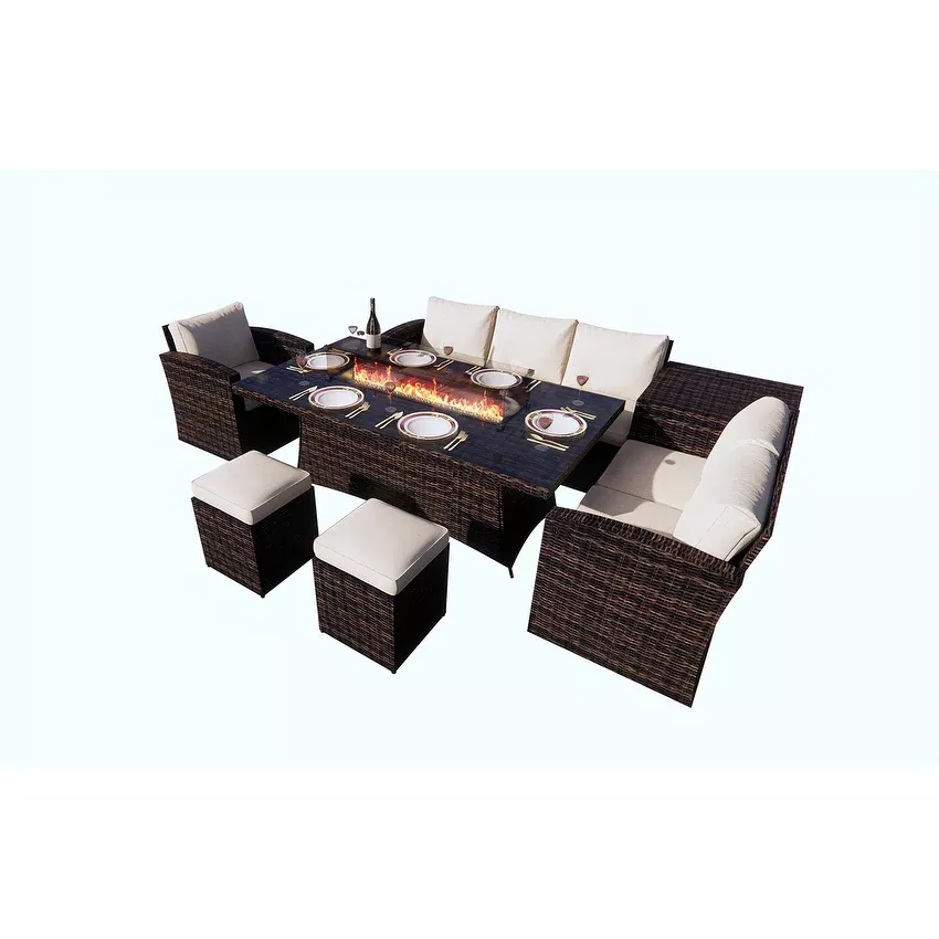 Morden 7-piece Outdoor Wicker Sofa with Fire Pit Table Patio Conversation sofa Set Dining Set