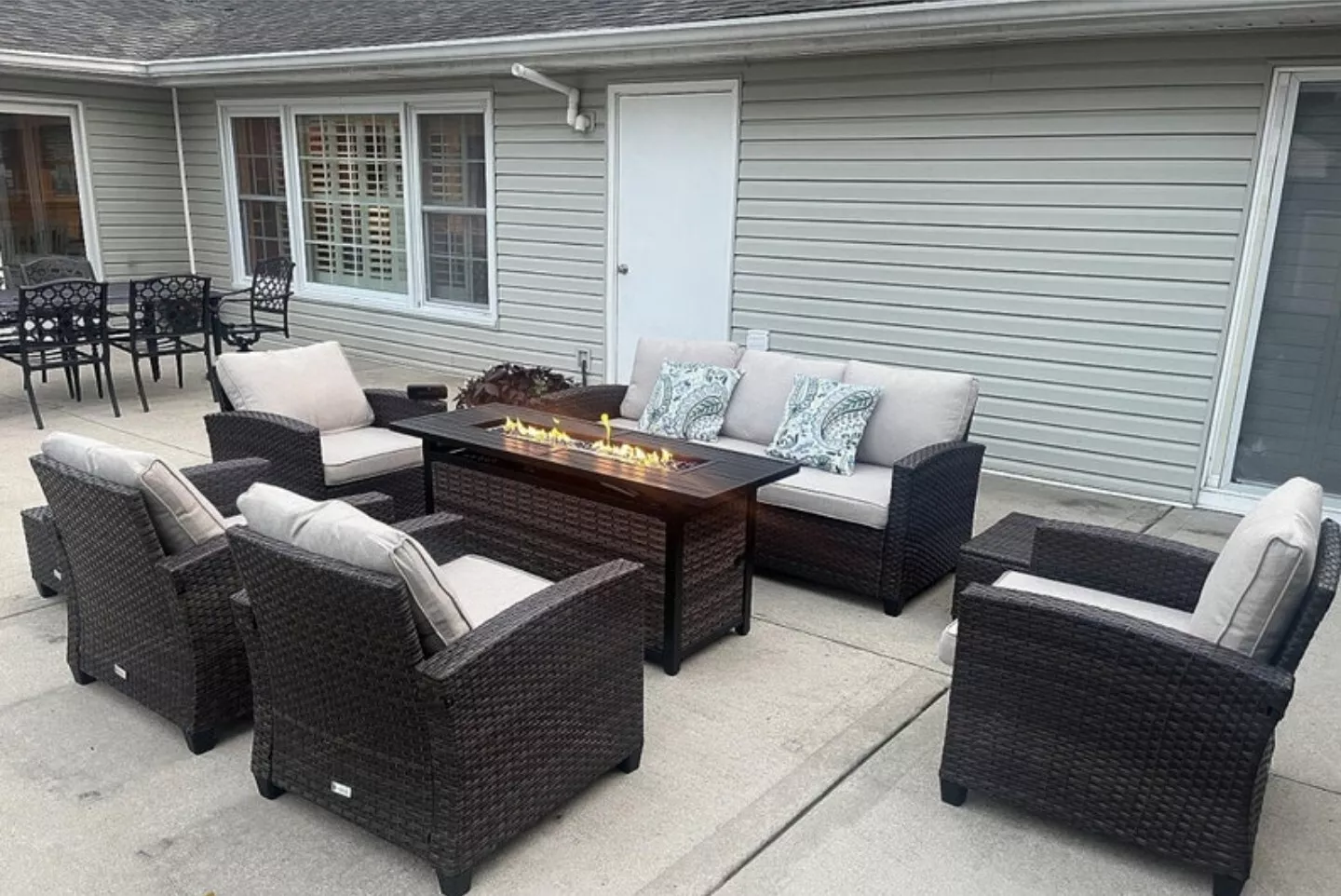 Seven Pieces Rattan Patio Furniture Set, Nine Seats Outdoor Wicker Sectional Con