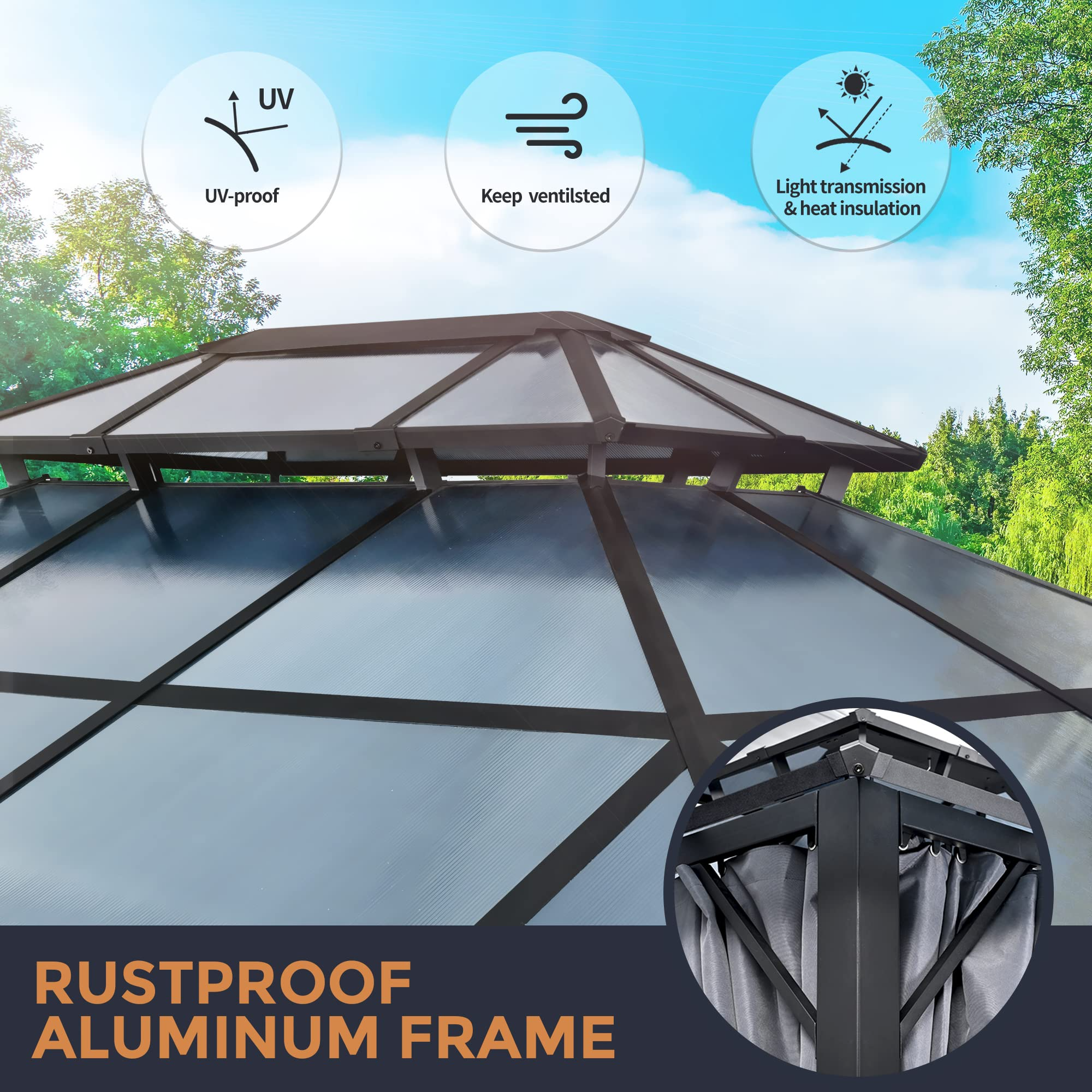 【Gazebo】10'x12' Outdoor Polycarbonate Double Hardtop Roof Gazebo, Aluminum Furniture Gazebo Canopy