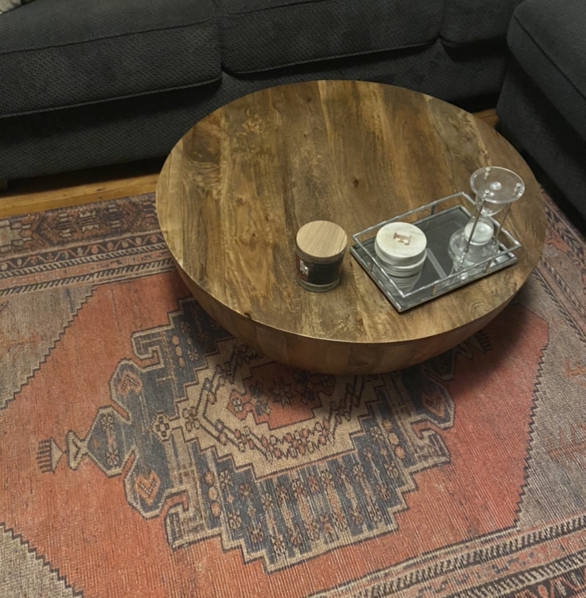 【Furniture】Drum Shape Wooden Coffee Table with Plank Design Base, Brown