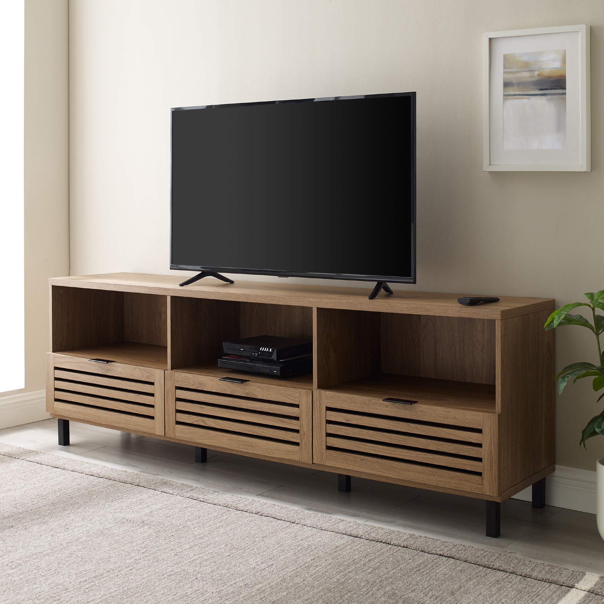 【Furniture】Modern Slatted Wood TV Stand for TV's up to 80