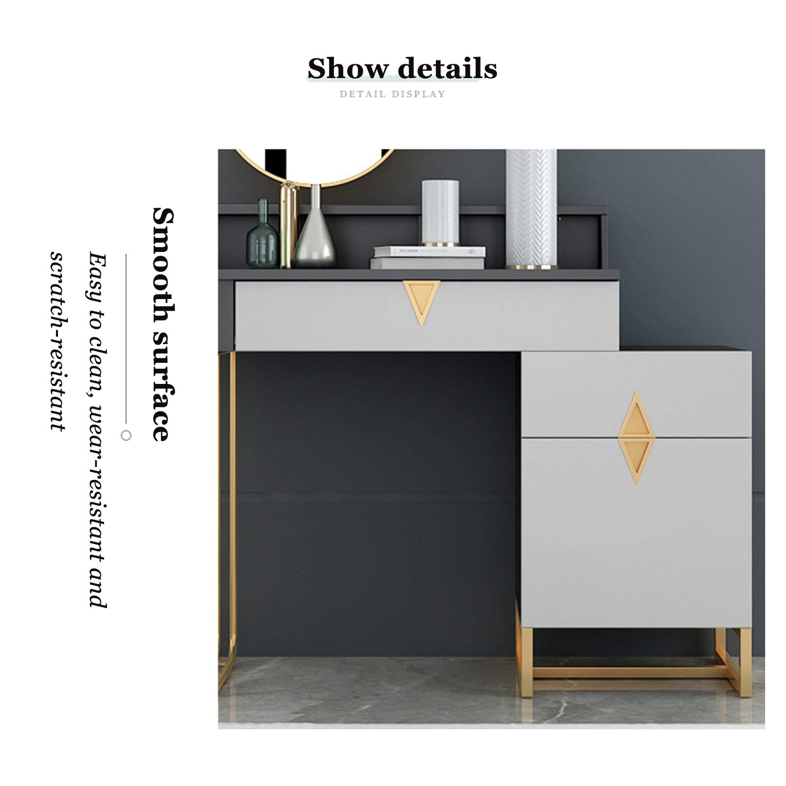 【Furniture】Dresser Modern Dressing Table Vanity Table Set with Sliding Mirror & Stool, Large Storage for Makeup