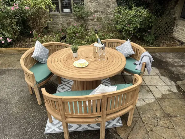 Teak Garden Furniture Round Table 150cm with 3 Bowood Benches