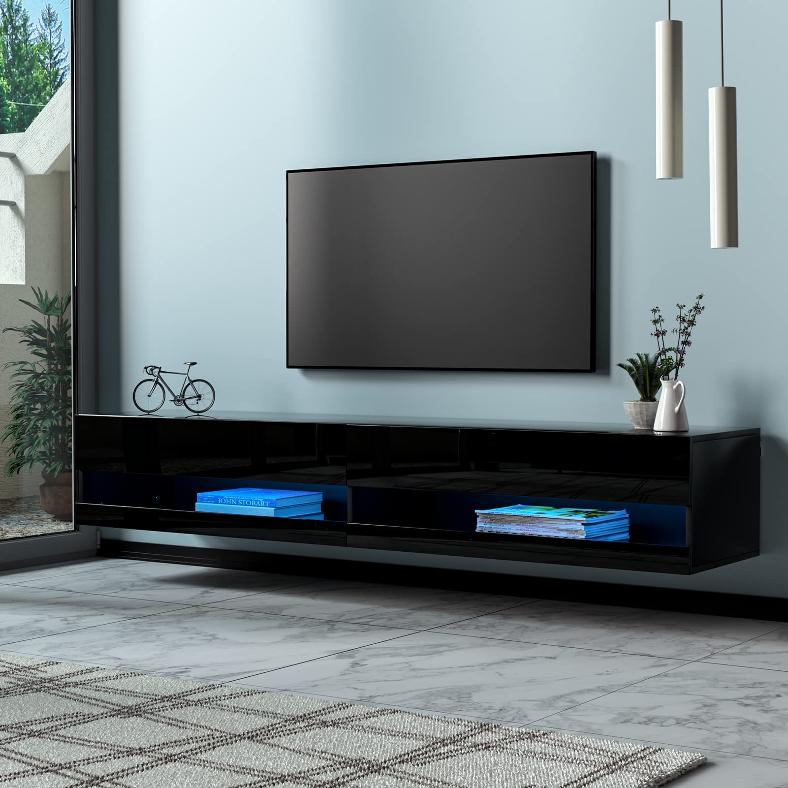 【Furniture】Floating TV Stand for TVs Up to 85 inch, 70 inch Wall Mounted Haning TV Stand with LED Lights