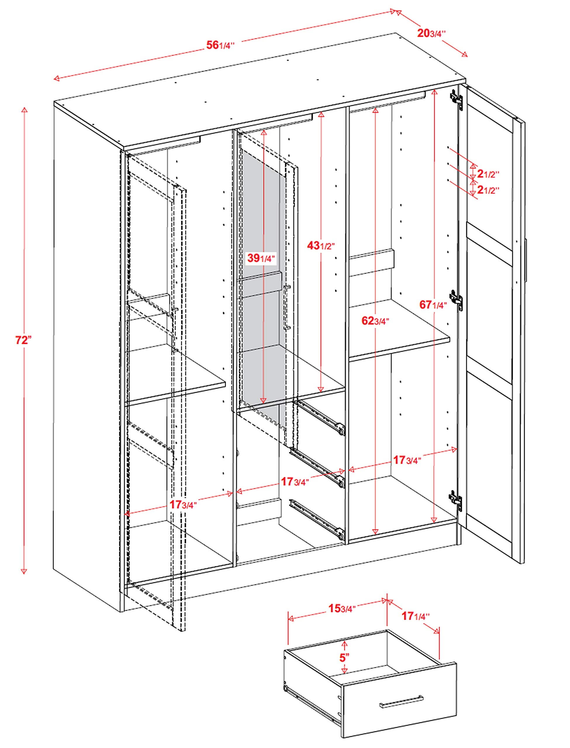 【Furniture】Cosmo Solid Wood 3-Door Wardrobe with Mirror and 3 Drawers, Java
