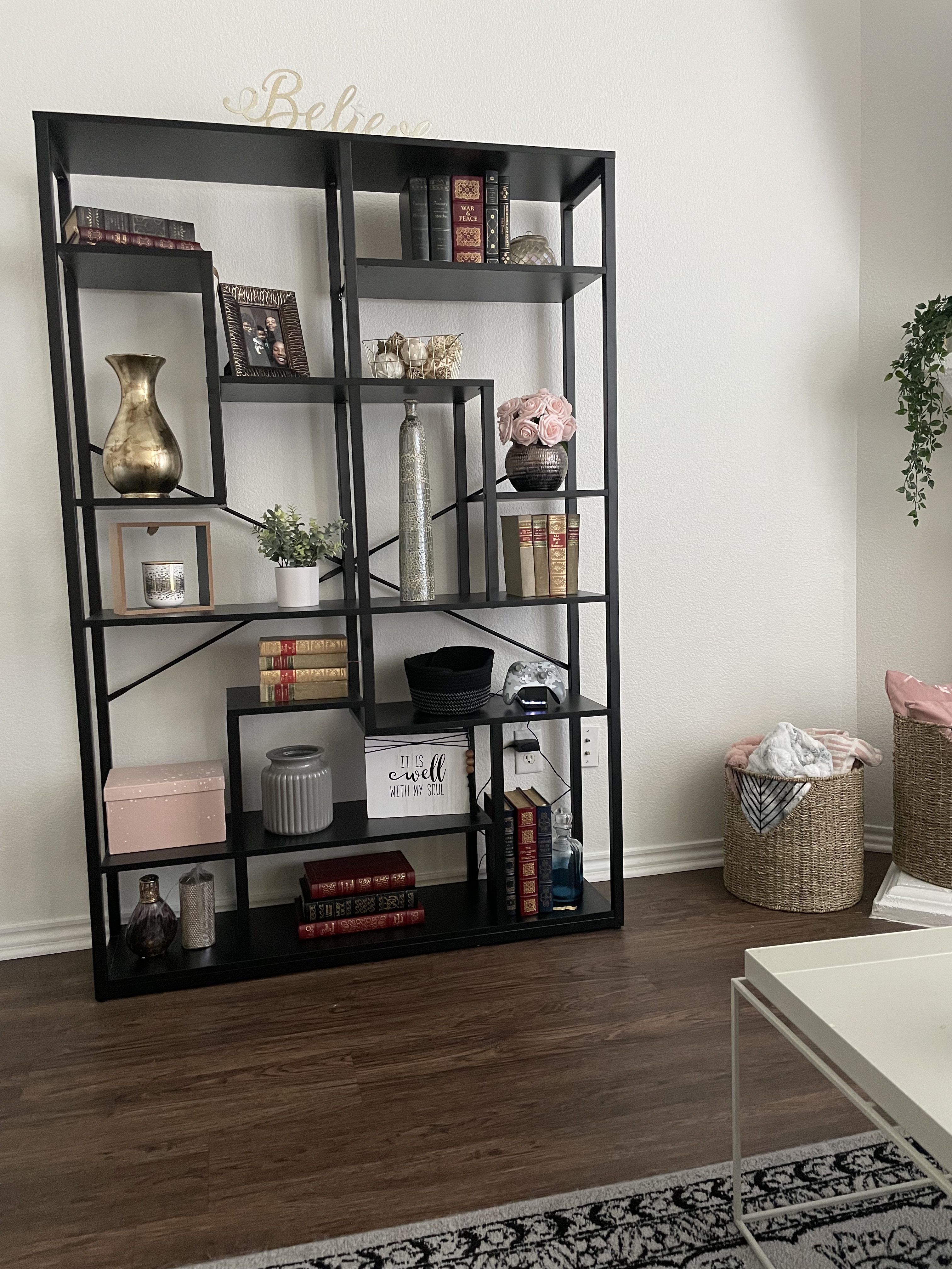 【Furniture】Black Bookshelf 47” Bookcase 9 Tier Tall Book Shelf Rustic Geometric Bookcase Display Shelf Organizer