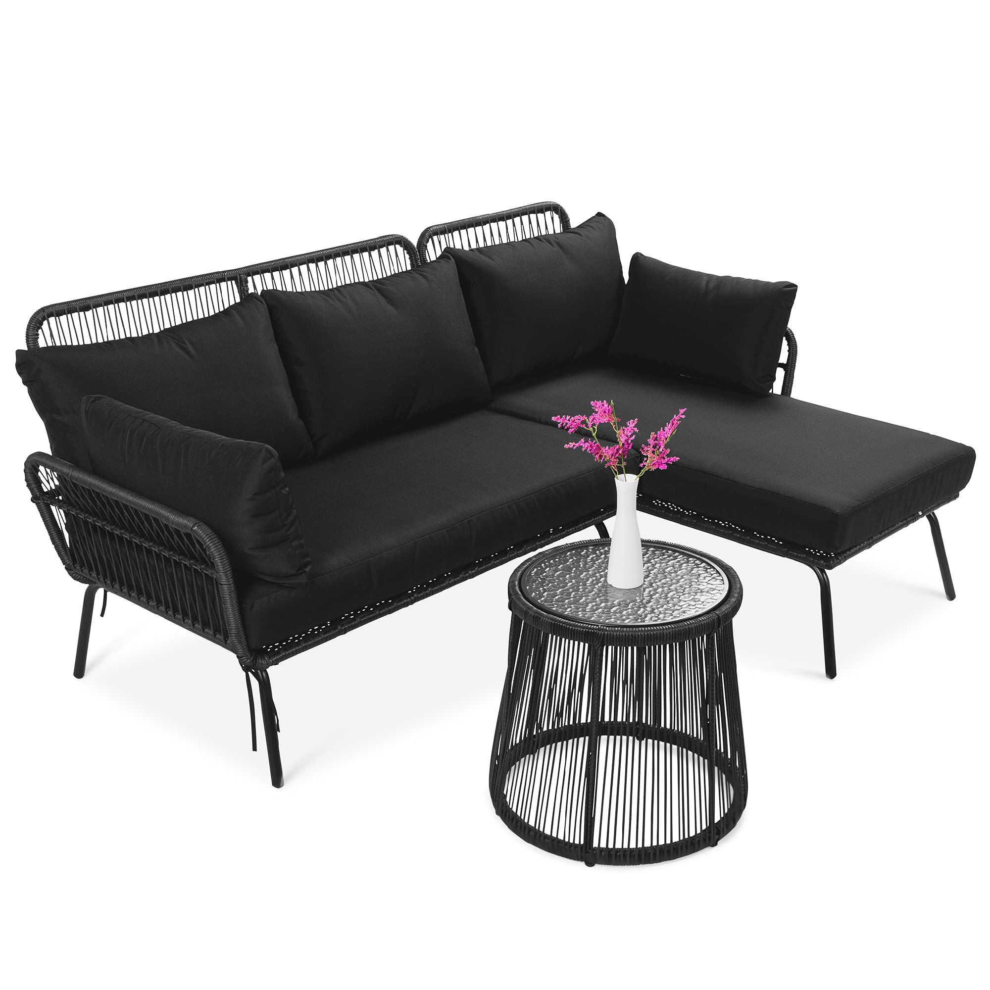 【Furniture】Outdoor Rope Woven Sectional Furniture L-Shaped Sofa Set w/Thick Cushions, Lounger, Side Table
